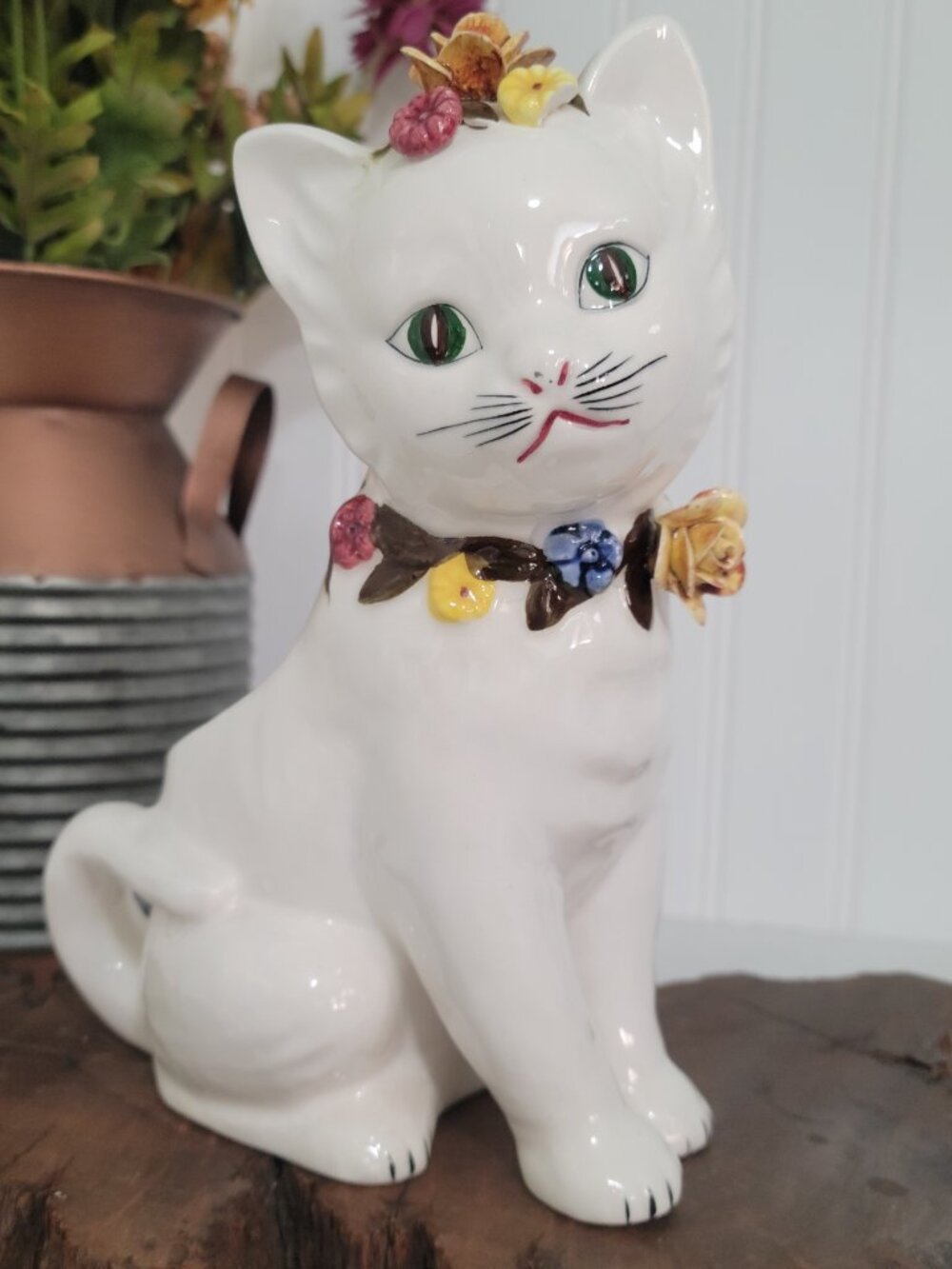 Vtg Retro Kitschy MCM Cottagecore White Ceramic Cat Kitten 3D Floral Planter - Picture 2 of 12